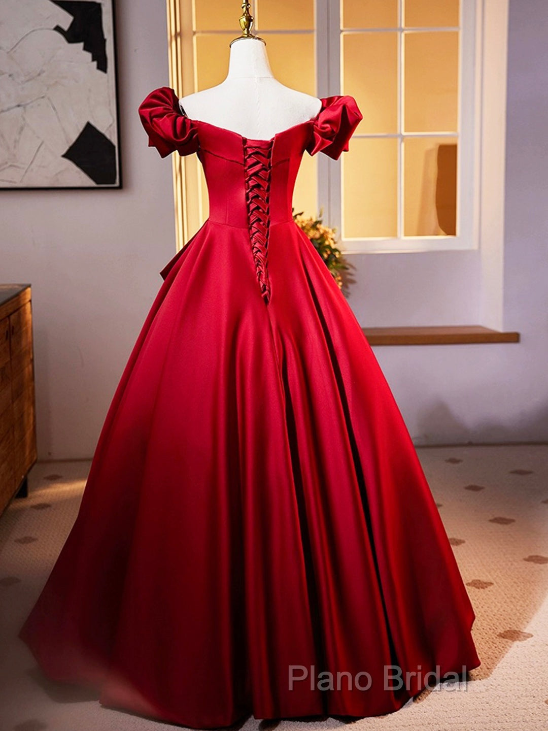 Dark Red Satin Long Formal Prom Dresses, Off The Shoulder A-Line Formal Dresses
