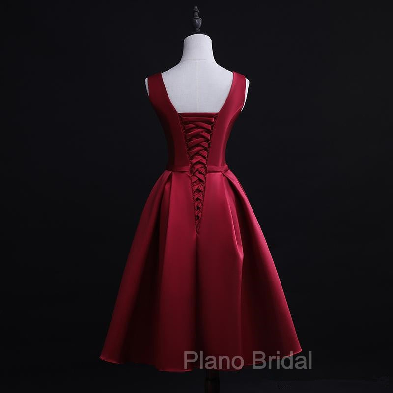 Dark Red Satin Short Homecoming Dresses, Lovely Bridesmaid Dresses
