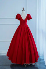 Dark Red Short Sleeve Long Formal Prom Dresses, Beautiful A-Line Formal Party Dresses