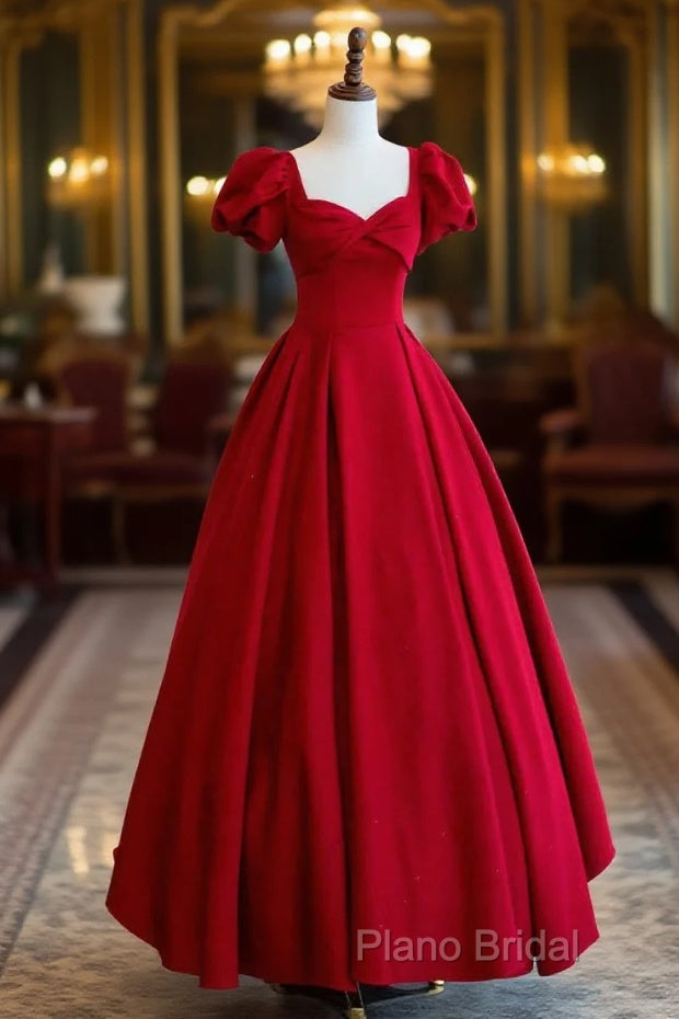 Dark Red Short Sleeve Long Formal Prom Dresses, Beautiful A-Line Formal Party Dresses Main image