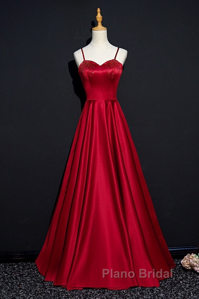 Dark Red Straps Beaded Sweetheart Satin Long Party Dresses, Wine Red Formal Prom Dresses Secondary image