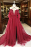 Dark Red Tulle Lace Long Formal Prom Dresses, Red Tulle Lace Evening Dresses