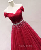 Dark Red Tulle Off Shoulder Long Formal Prom Dresses, Beaded Party Dresses