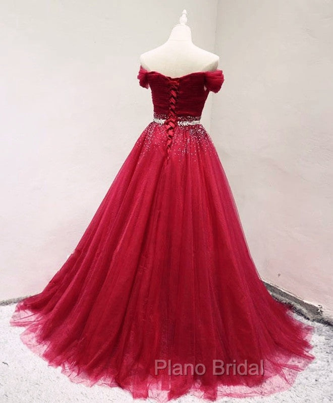 Dark Red Tulle Off Shoulder Long Formal Prom Dresses, Beaded Party Dresses