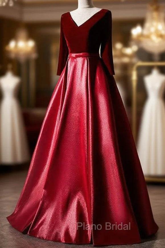 Dark Red Velvet and Satin V-neckline Long Formal Prom Dresses Evening Dresses, Red Bridesmaid Dresses Secondary image