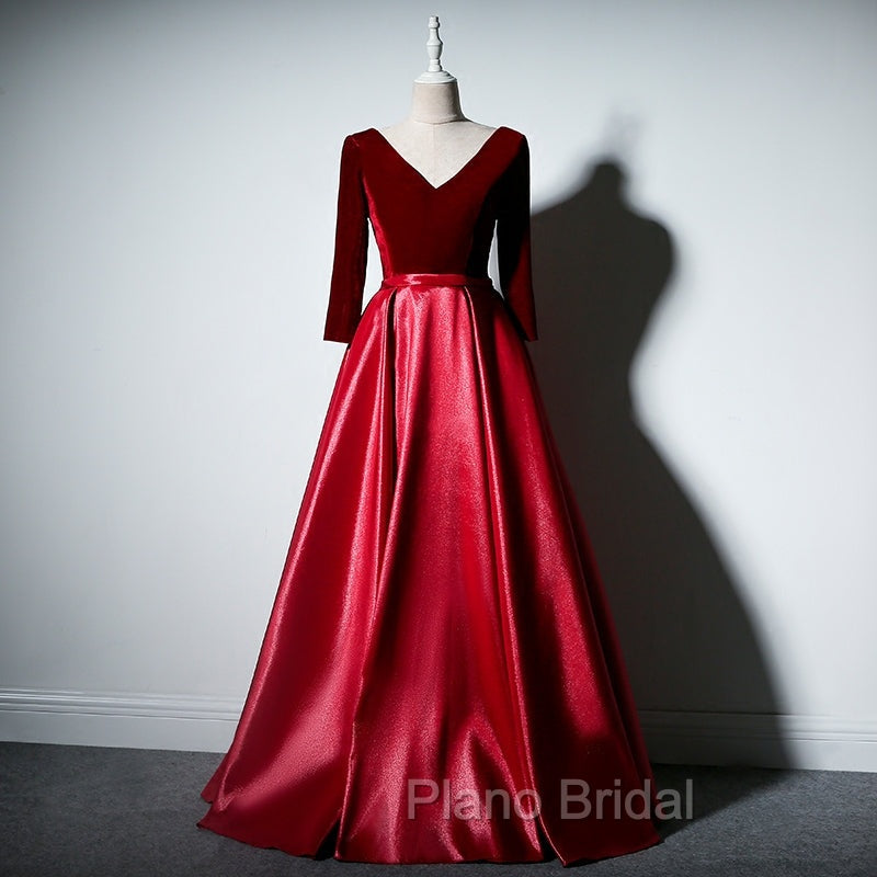 Dark Red Velvet and Satin V-neckline Long Formal Prom Dresses Evening Dresses, Red Bridesmaid Dresses