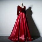 Dark Red Velvet and Satin V-neckline Long Formal Prom Dresses Evening Dresses, Red Bridesmaid Dresses