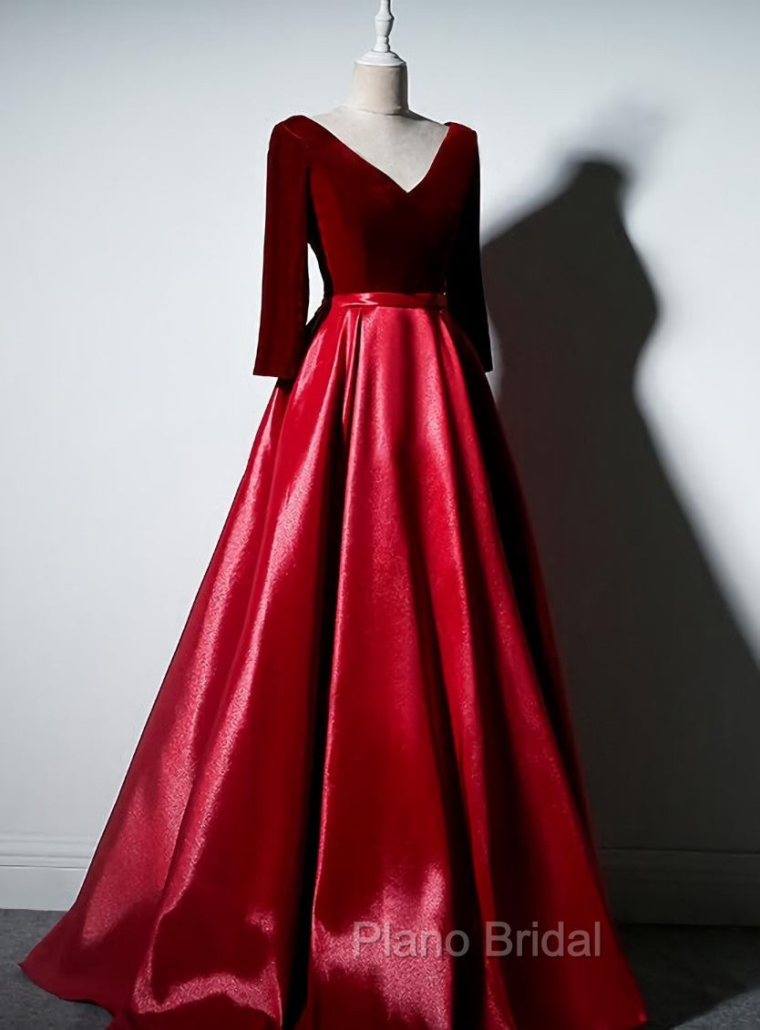 Dark Red Velvet and Satin V-neckline Long Formal Prom Dresses Evening Dresses, Red Bridesmaid Dresses Main image