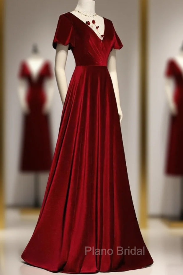 Dark Red Velvet Long Formal Prom Dresses, Charming Formal Gown