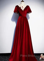 Dark Red Velvet Long Formal Prom Dresses, Charming Formal Gown