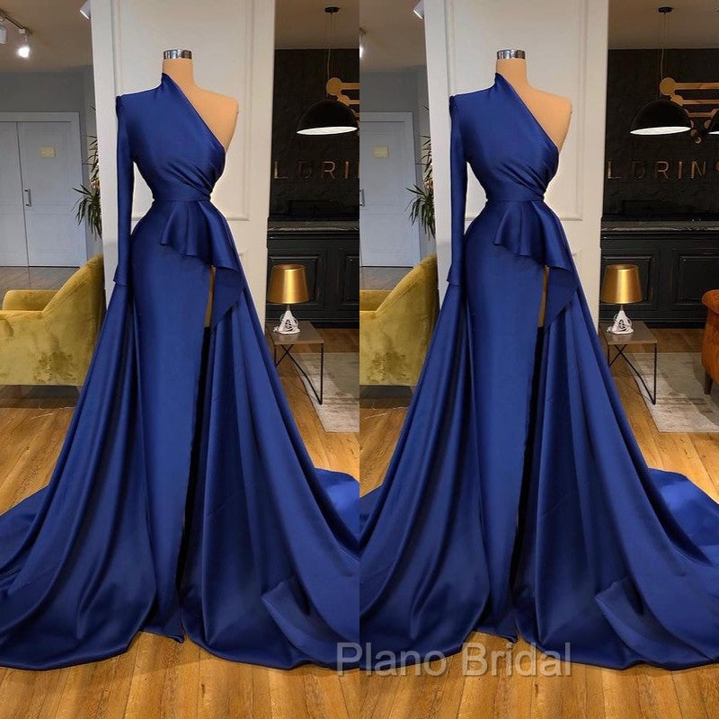 Dark Royal Blue One shoulder Ruffles Side-cut Overskirt Formal Prom Dresses