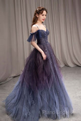 Dark Starry Sky Purple Tulle Long Formal Prom Dresses Purple Formal Dresses