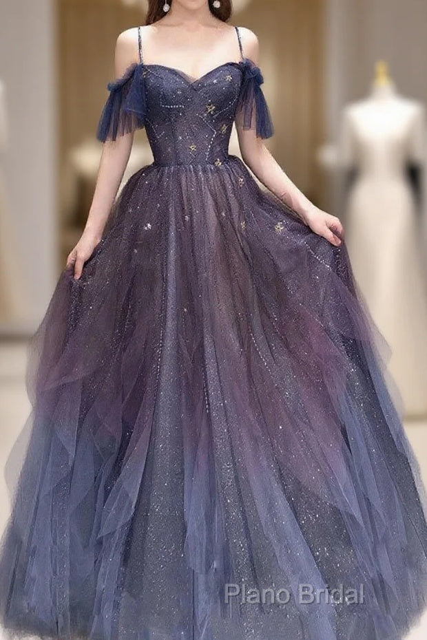 Dark Starry Sky Purple Tulle Long Formal Prom Dresses Purple Formal Dresses Main image