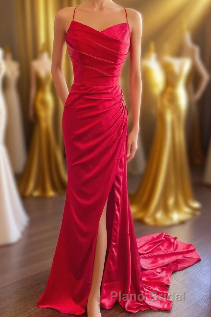 Straps Red Ruched Mermaid Long Prom Dresses Main image