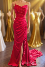 Straps Red Ruched Mermaid Long Prom Dresses