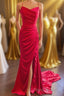Straps Red Ruched Mermaid Long Prom Dresses