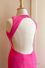 Hot Pink Mermaid Long Prom Dresses with Open Back