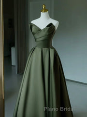A-Line V Neck Satin Green Long Formal Prom Dress, Green Long Formal Dress
