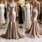 Deep Champagne Mermaid Simple Satin Long Formal Prom Dresses Backless Evening Gown