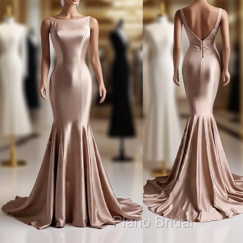 Deep Champagne Mermaid Simple Satin Long Formal Prom Dresses Backless Evening Gown