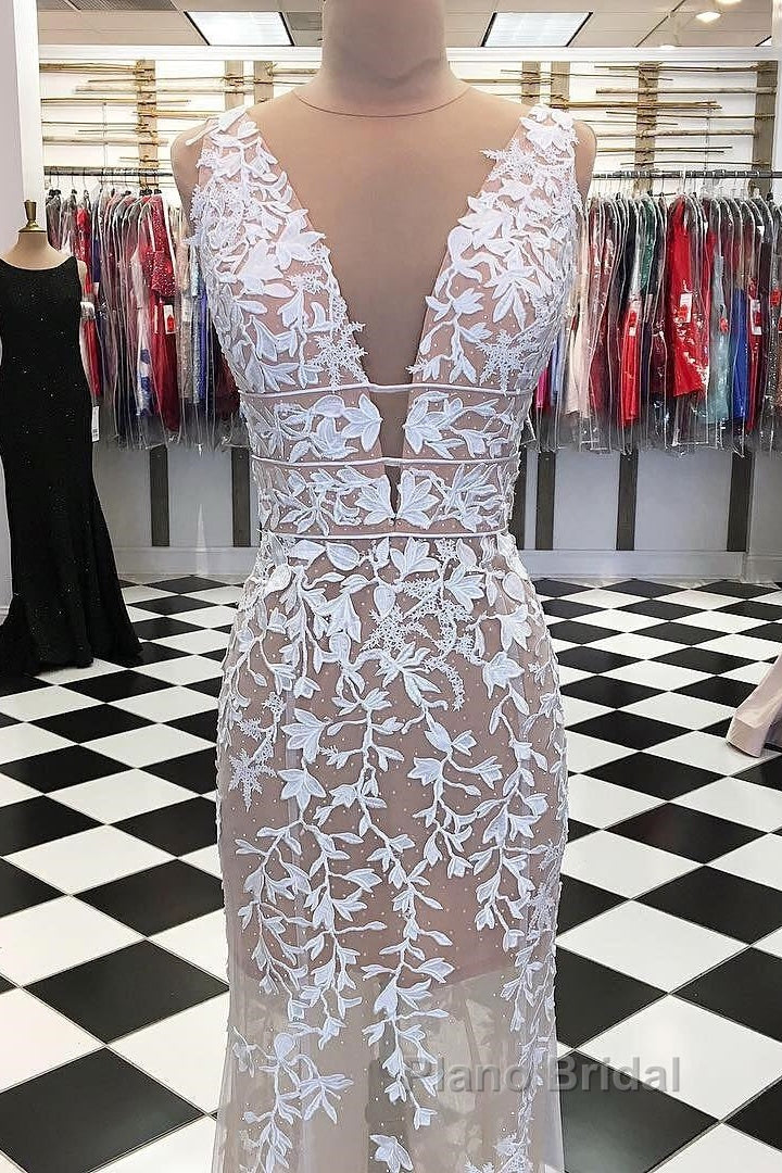 Deep V Neck Champagne Lace Formal Prom Dresses, V Neck Champagne Lace Wedding Dresses Formal Evening Dresses Secondary image