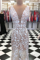 Deep V Neck Champagne Lace Formal Prom Dresses, V Neck Champagne Lace Wedding Dresses Formal Evening Dresses