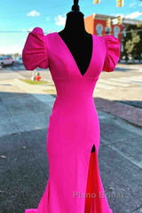 Deep V-Neck Hot Pink Mermaid Long Formal Prom Dresses With Balloon Sleeves