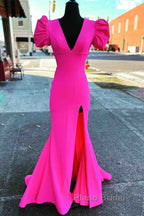 Deep V-Neck Hot Pink Mermaid Long Formal Prom Dresses With Balloon Sleeves