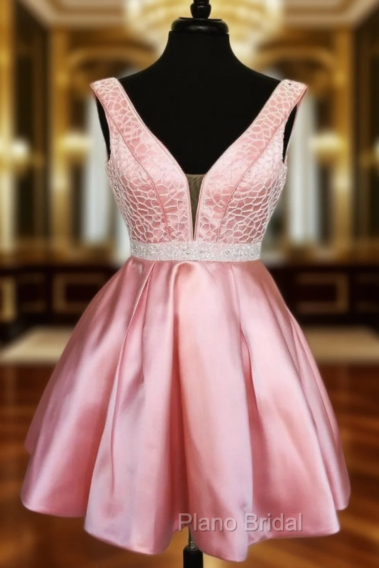 Deep V neck Pink Satin Beaded Waist Short Homecoming Dresses Main image