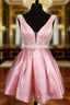 Deep V neck Pink Satin Beaded Waist Short Homecoming Dresses