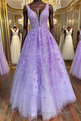 Deep V Neck Purple Lace Long Formal Prom Dresses, Purple Lace Formal Dresses, Purple Evening Dresses