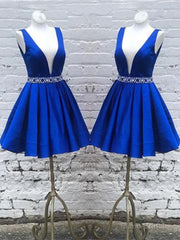 Deep V Neck Royal Blue Short Satin Prom Dresses, Royal Blue V Neck Short Formal Homecoming Dresses