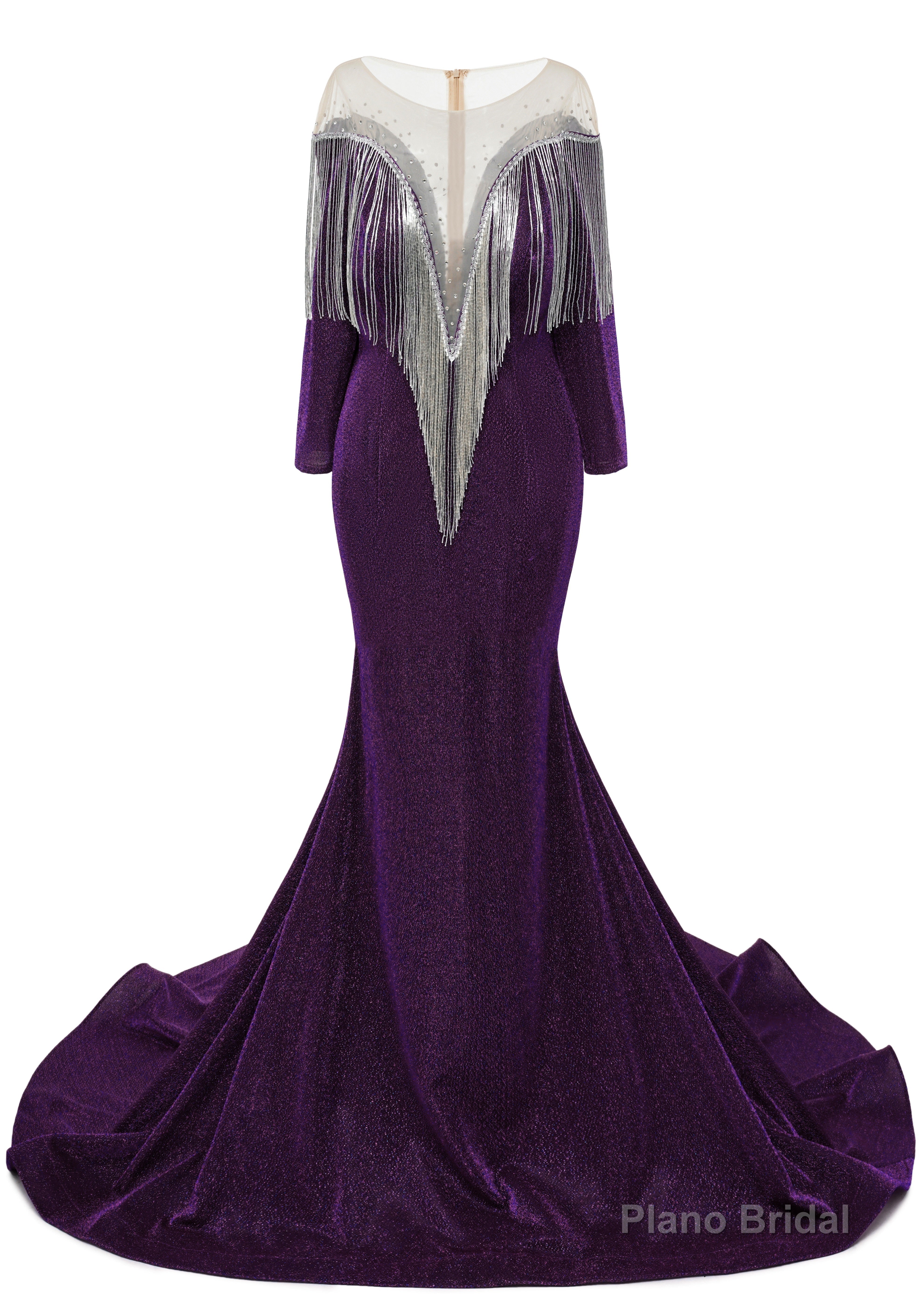 Deep V-neck Shiny Purple Prom Dresses Long sleeves Mermaid Evening Party Dresses Main image