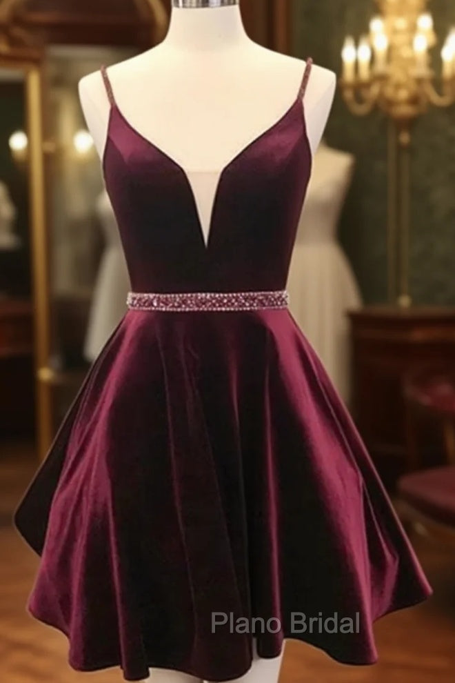 Deep V Neck Short Burgundy Formal Prom Dresses, Deep V Neck Short Burgundy Formal Homecoming Dresses Main image