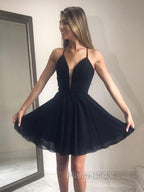 Deep V Neck Short Yellow Black Formal Prom Dresses, Short Backless Formal Homecoming Dresses