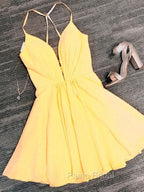 Deep V Neck Short Yellow Black Formal Prom Dresses, Short Backless Formal Homecoming Dresses