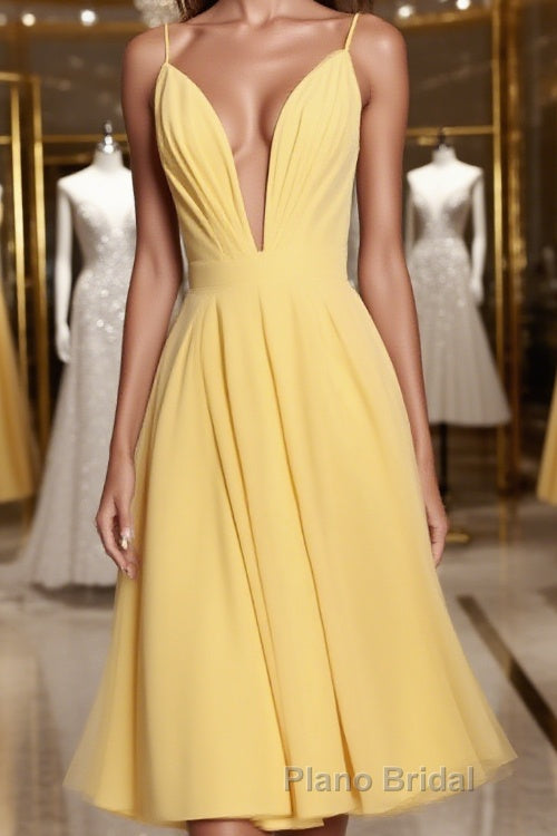 Deep V Neck Short Yellow Formal Prom Dresses, Short Backless Formal Homecoming Dresses