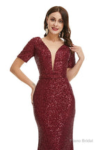 Deep V Neck sleeveless Sparkly Sequin Fishtail Prom Dresses