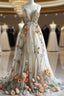 Deep V Neck Wedding Dresses 3D Flowers Appliques Tulle A-Line Formal Prom Gowns