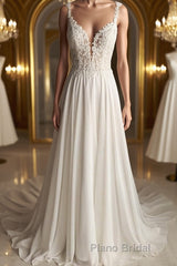 Deep V Neck White Lace Long Formal Prom Dress, Long White Formal Dress, White Lace Evening Dress, White Bridesmaid Dress