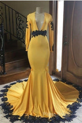 Deep V Neck Yellow Formal Prom Dresses Black Lace Applique Formal Gown