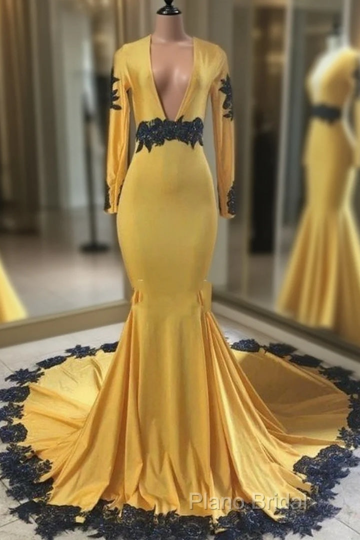 Deep V Neck Yellow Formal Prom Dresses Black Lace Applique Formal Gown Main image