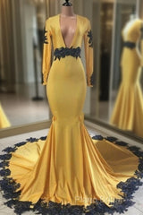 Deep V Neck Yellow Formal Prom Dresses Black Lace Applique Formal Gown