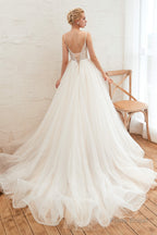 Deep V See Through Neck Bridal Dresses Spaghetti Straps Fairy Tulle Wedding Gowns