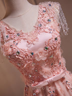 Delicate V-Neck Pink With Rhinestones Lace Appliques Formal Prom Dresses