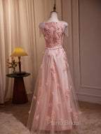Delicate V-Neck Pink With Rhinestones Lace Appliques Formal Prom Dresses