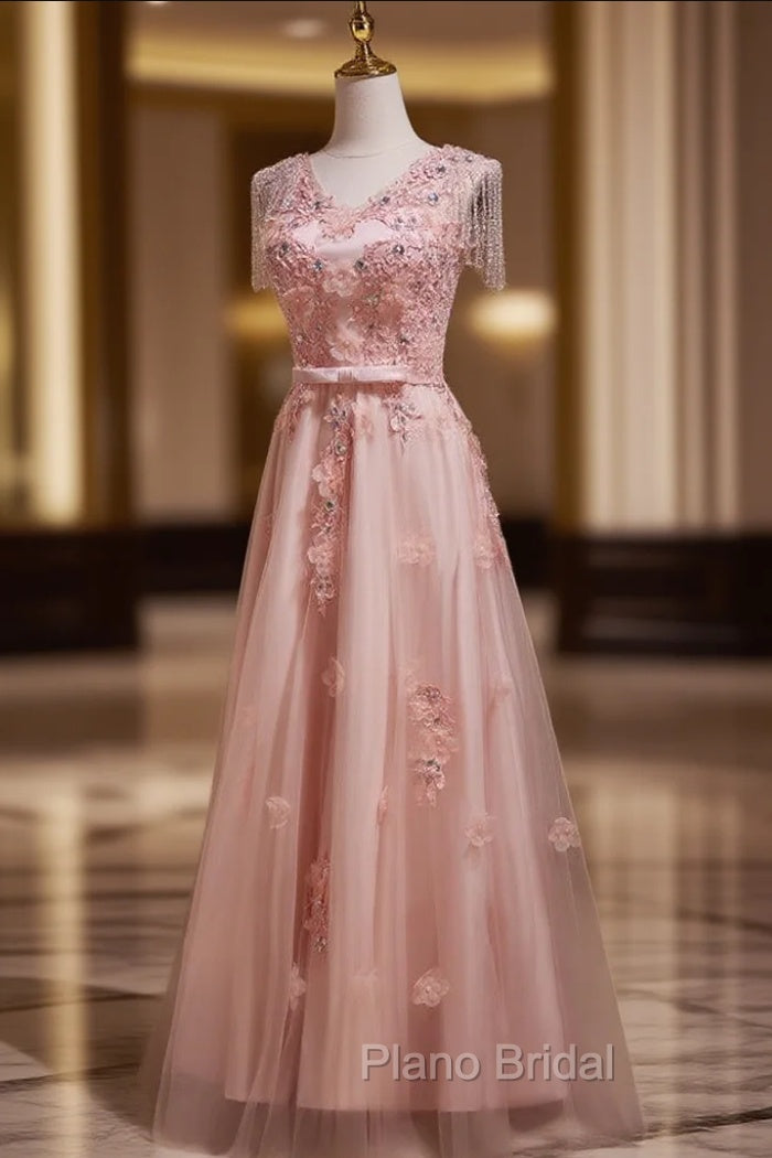 Delicate V-Neck Pink With Rhinestones Lace Appliques Formal Prom Dresses