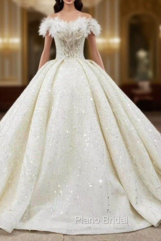 Demand Attention In Luxury Champagne Ball Gown Tulle Beading Sequins Off the Shoulder Wedding Dresses