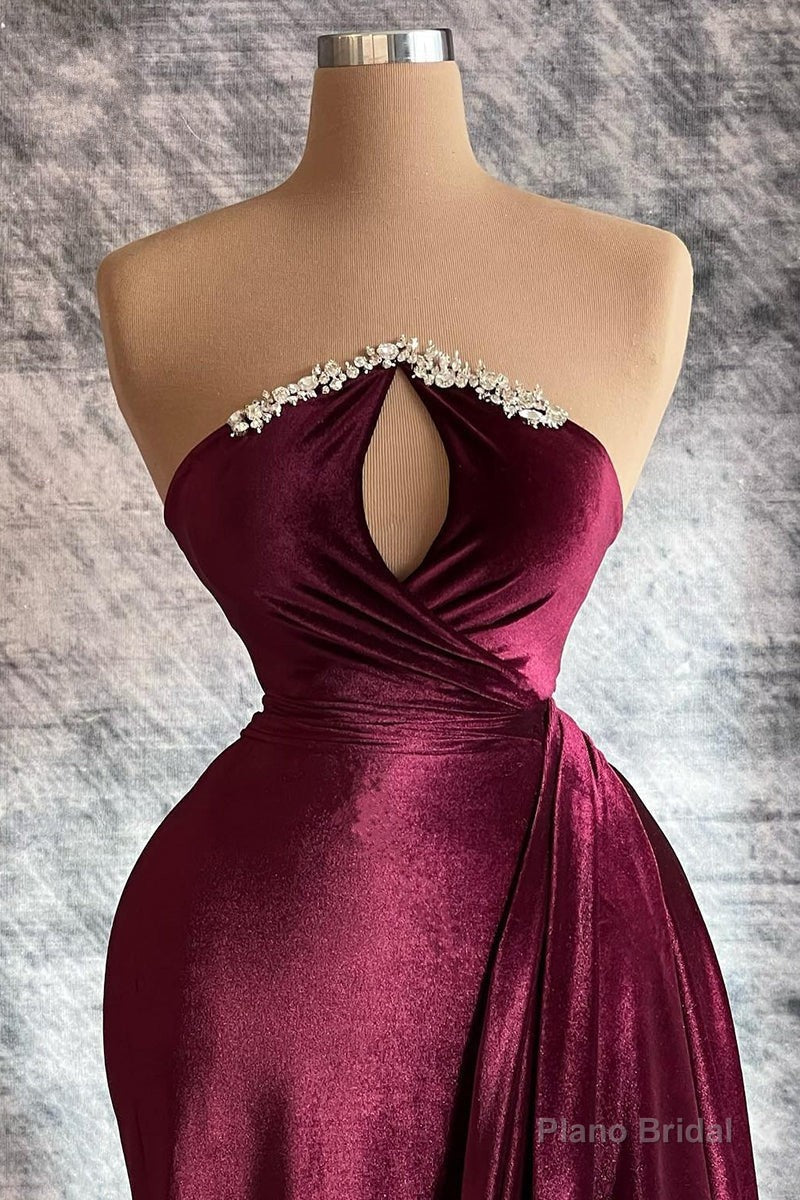 Designer Burgundy Velvet Long Sleeves Prom Dress With Train,Gala Dresses Elegant