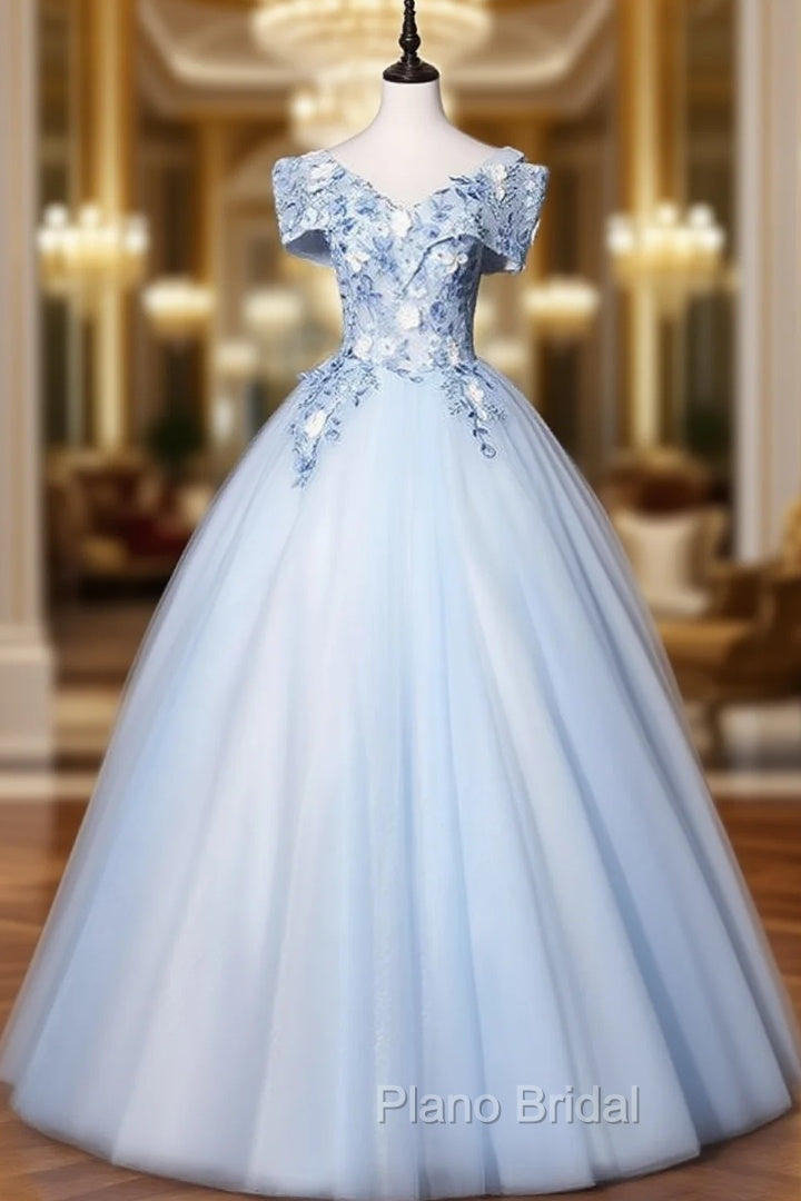 Discover The Latest Sky Blue Ball Gown Tulle Appliques Off the Shoulder Quinceanera Dresses